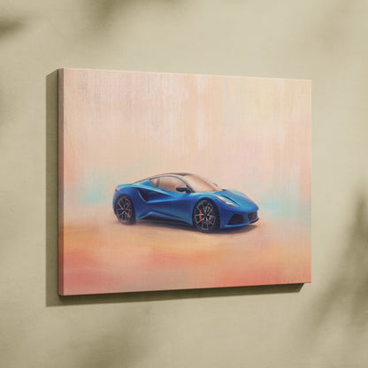 Blue sports car painting on canvas lotus emira inspired modern british sports car wall decor print