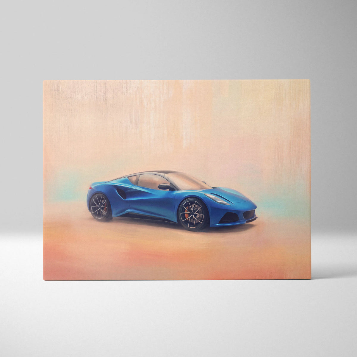 Vibrant blue lotus emira inspired canvas art featuring a modern british sports car in a dynamic painterly style