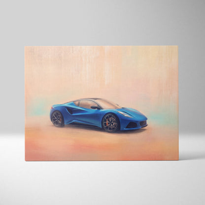 Vibrant blue lotus emira inspired canvas art featuring a modern british sports car in a dynamic painterly style