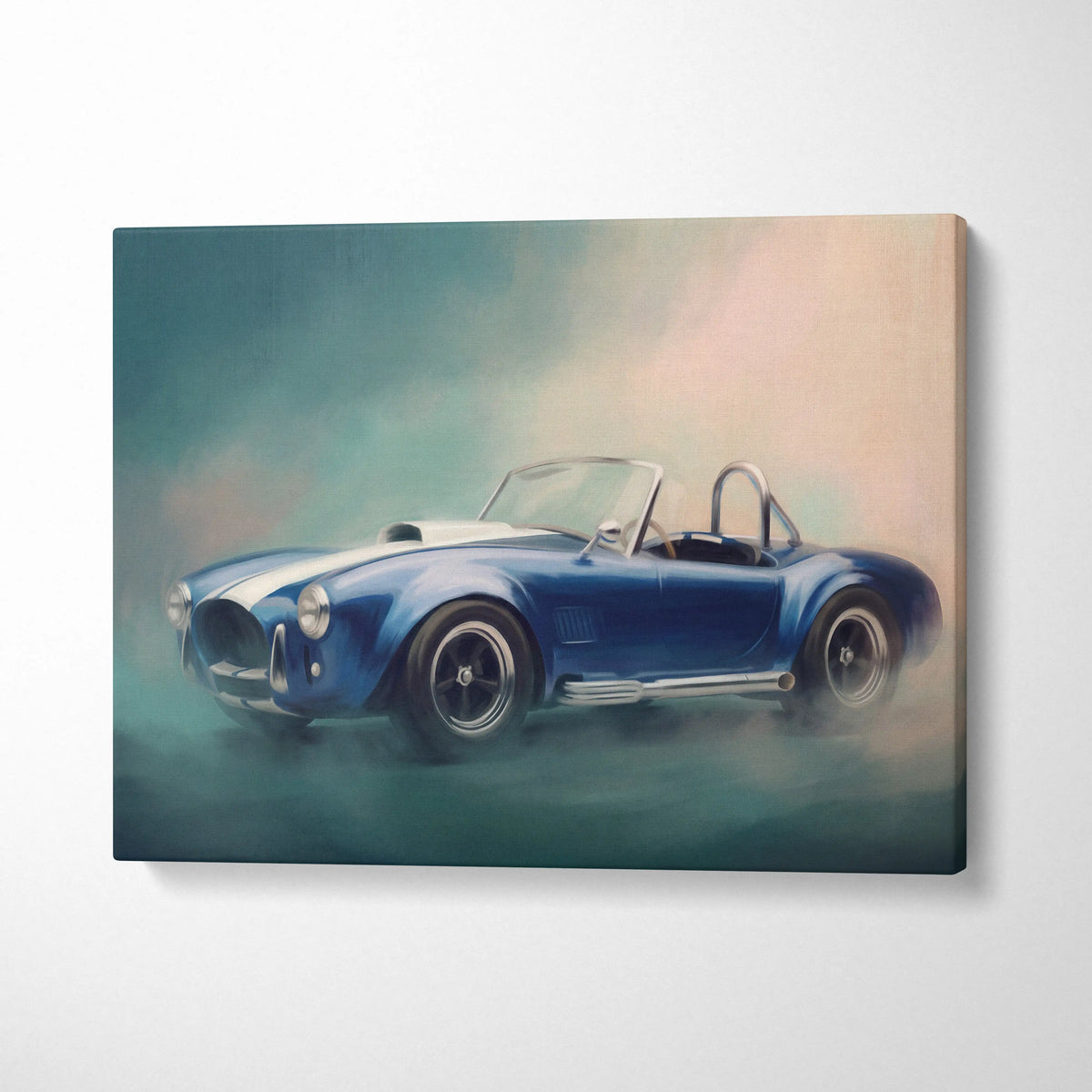 Blue and white Shelby Cobra inspired classic convertible sports car canvas print wall art for home decor