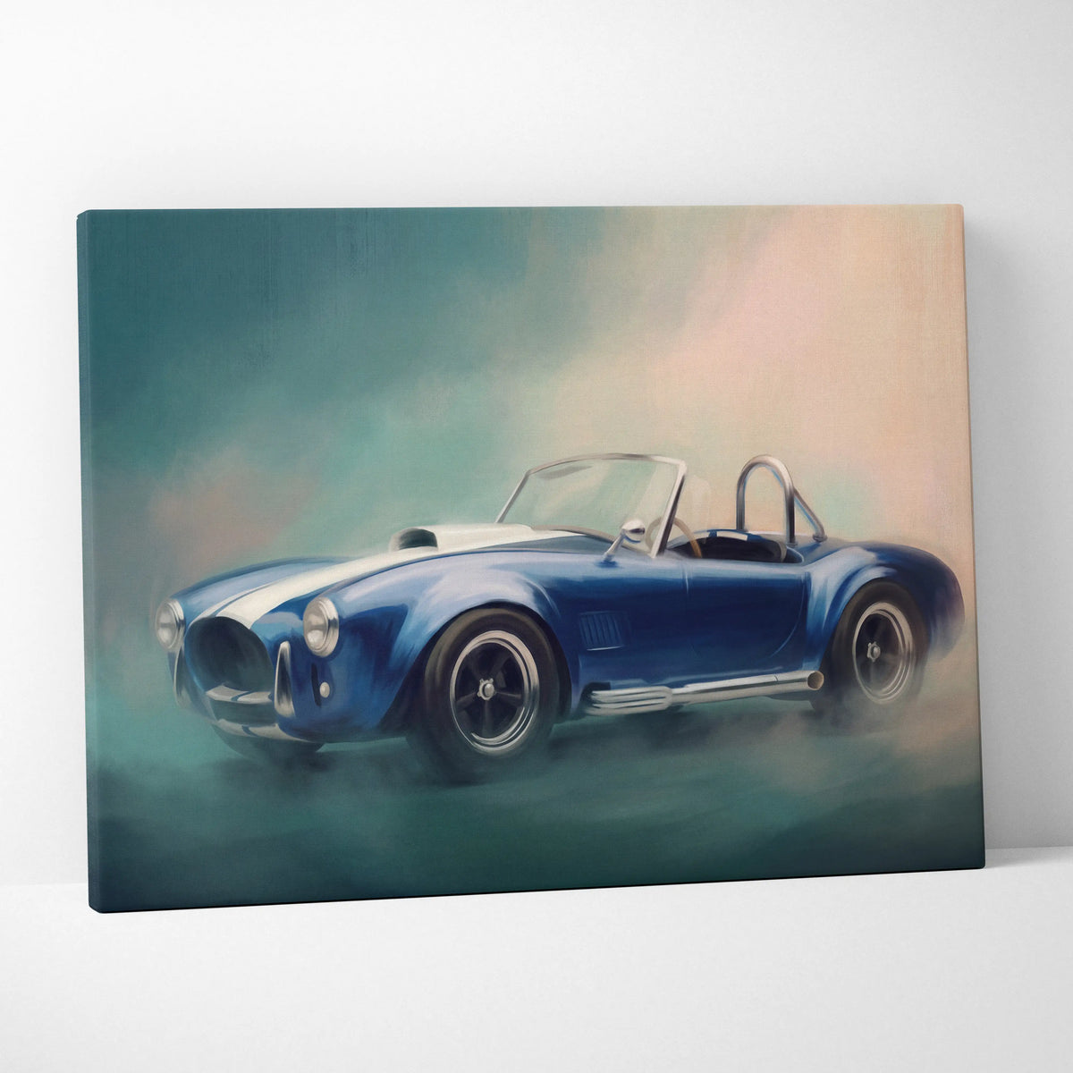 Blue and white classic convertible sports car canvas print inspired by shelby cobra for american roadster wall art