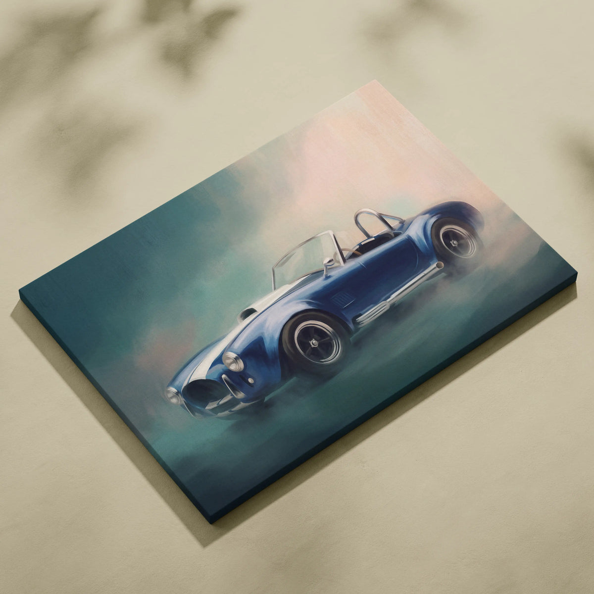 A vibrant blue shelby cobra inspired classic convertible sports car on a dynamic painterly stretched canvas wall art