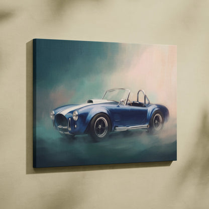 Blue classic convertible sports car canvas print with white racing stripes and chrome accents shelby cobra wall art