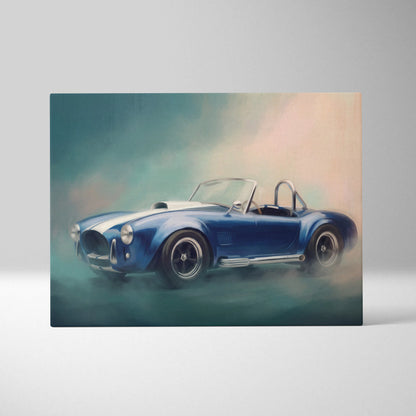 Shelby cobra inspired car wall art featuring blue classic convertible sports car painting with white racing stripes