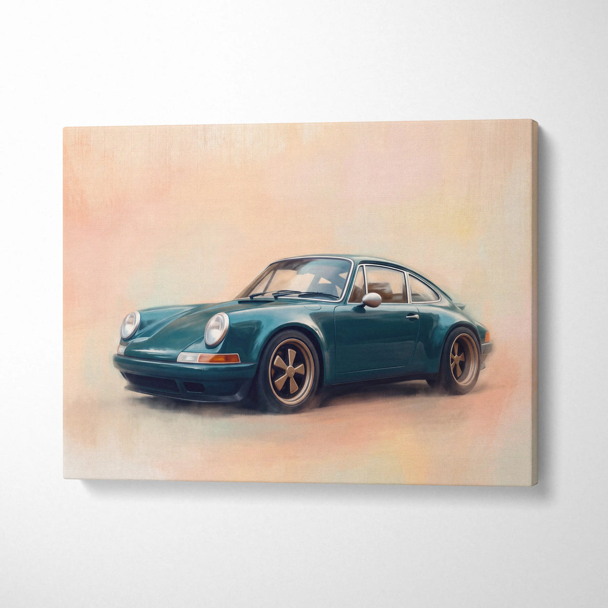 Teal porsche 911 inspired art canvas featuring a classic sports car design retro wall decor poster
