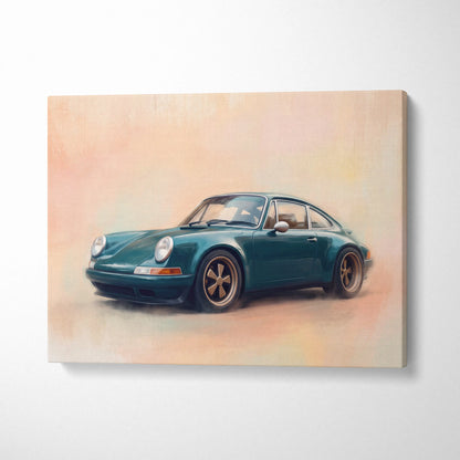 Teal porsche 911 inspired art canvas featuring a classic sports car design retro wall decor poster