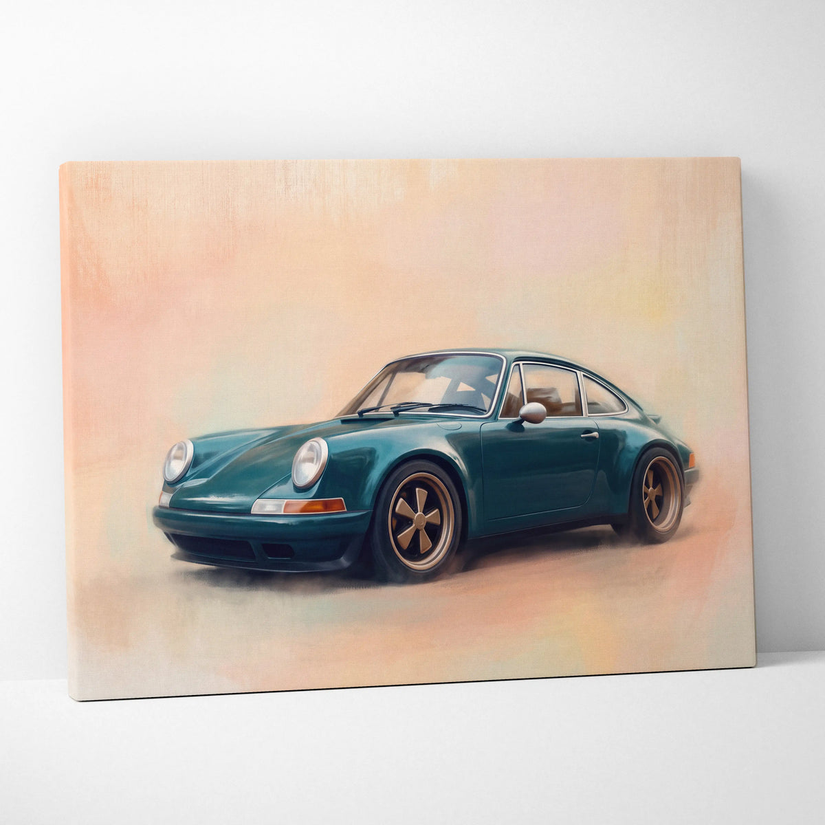 Teal Porsche 911 inspired art canvas print with gold-rimmed wheels and soft gradient background wall decor poster