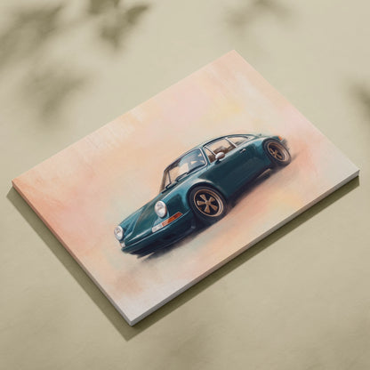 Teal porsche 911 inspired art canvas print with soft watercolor background retro sports car wall decor poster
