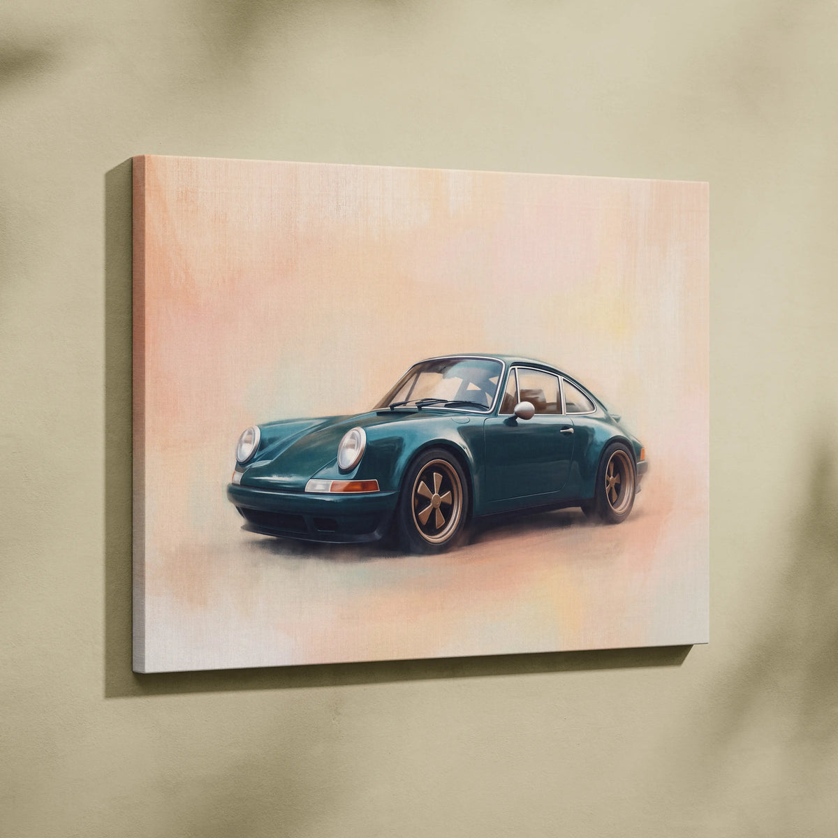 Teal Porsche 911 inspired art canvas print with gold-rimmed wheels on soft pastel background wall decor poster