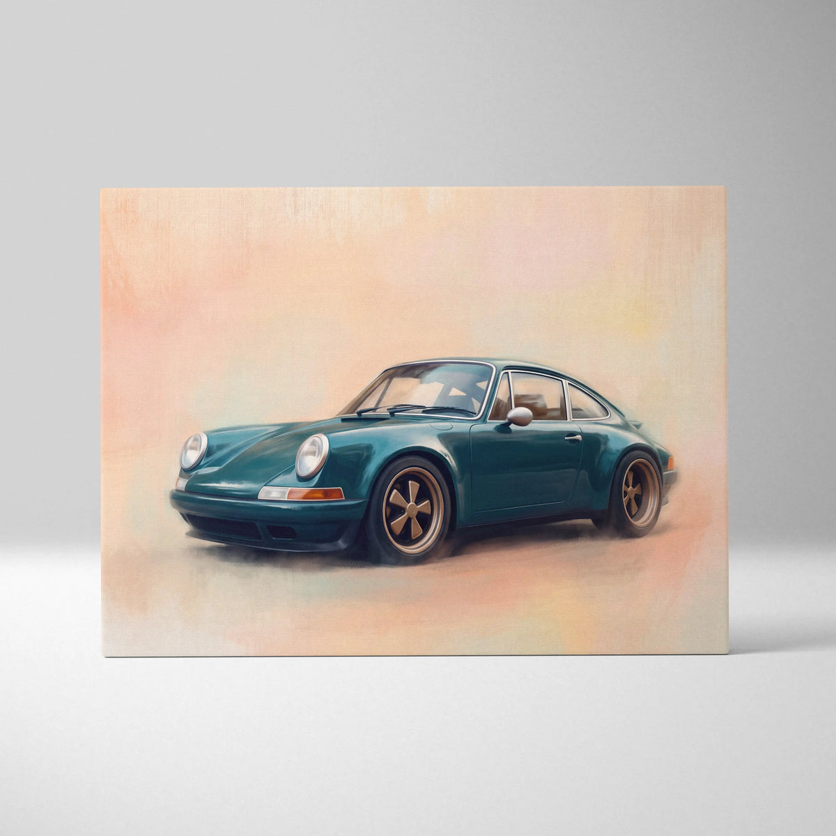 Teal porsche 911 sports car illustration on canvas perfect for retro sports car wall decor posters
