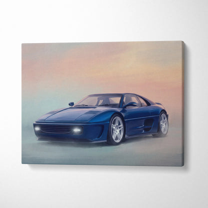 Blue Ferrari 348 sports car canvas print featuring modern Ferrari F355 inspired wall art poster painting