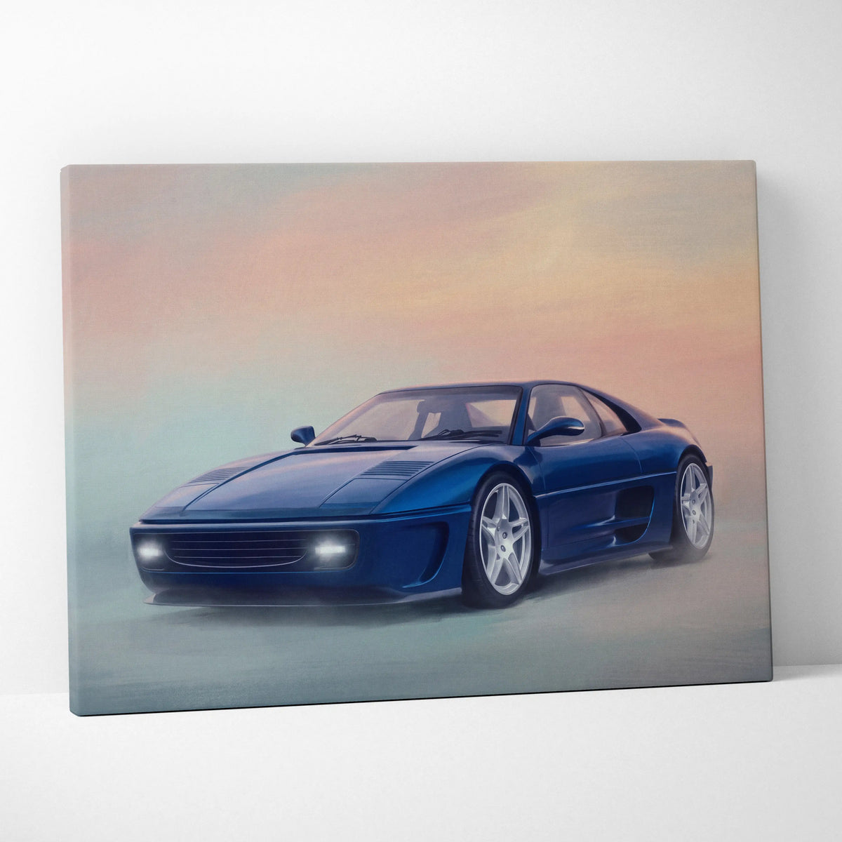 Blue Ferrari F355 sports car canvas print featuring modern sports car wall art for home decor