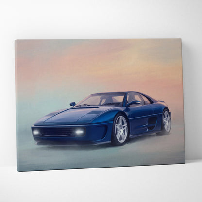 Blue Ferrari F355 sports car canvas print featuring modern sports car wall art for home decor