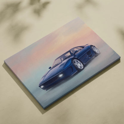 Blue Ferrari f355 canvas print showing the car in motion against a soft sunset sky modern sports car wall art