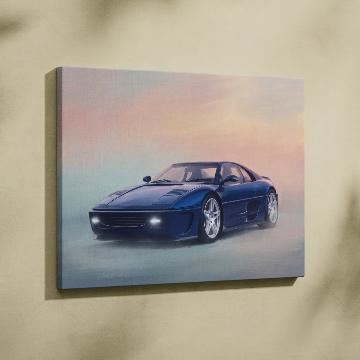 Blue Ferrari F355 inspired sports car canvas painting with soft gradient sky background modern wall art poster