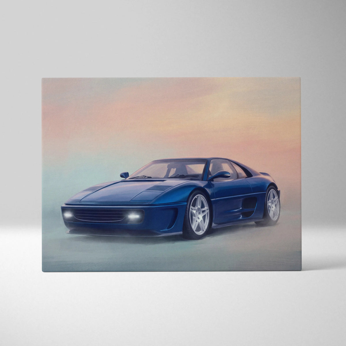A vibrant blue Ferrari F355 inspired sports car wall art with sleek aerodynamic lines and silver alloy wheels on canvas