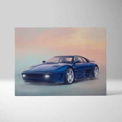 A vibrant blue Ferrari F355 inspired sports car wall art with sleek aerodynamic lines and silver alloy wheels on canvas