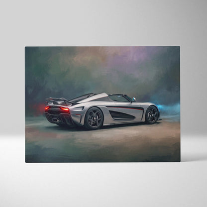 Koenigsegg regera inspired automotive wall art featuring silver agera rs convertible with black accents and red taillights