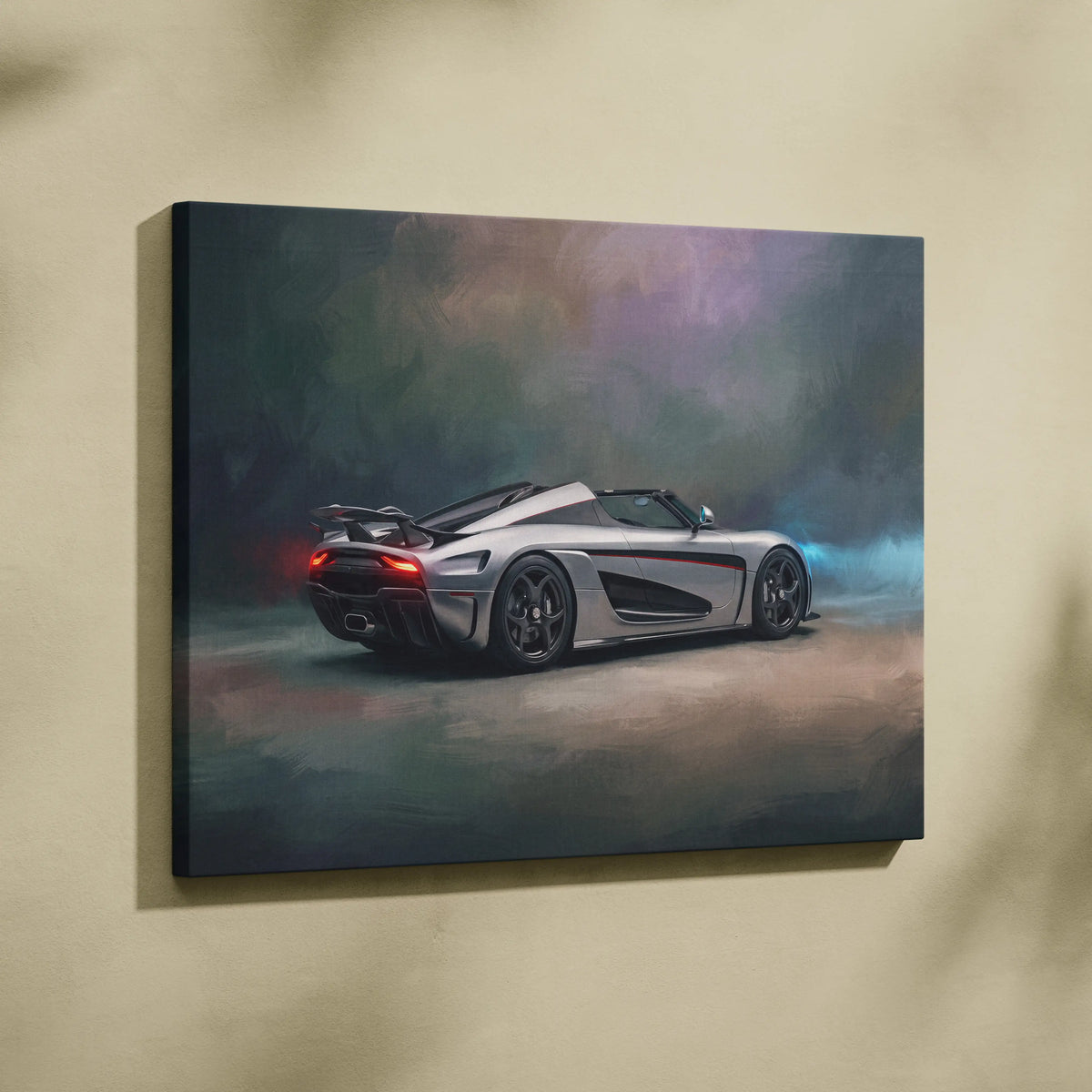 Silver Koenigsegg Agera RS convertible luxury supercar canvas print for automotive wall art decor