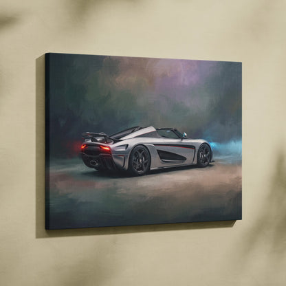 Silver Koenigsegg Agera RS convertible luxury supercar canvas print for automotive wall art decor