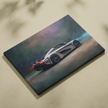 Silver koenigsegg agera rs sports car canvas print with glowing red taillights and dynamic smoke effects