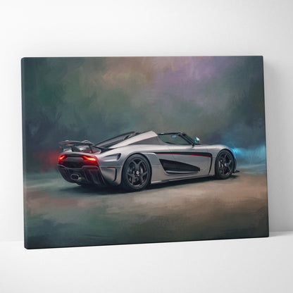 Koenigsegg Regera inspired silver sports car canvas print with black accents and red taillights wall art