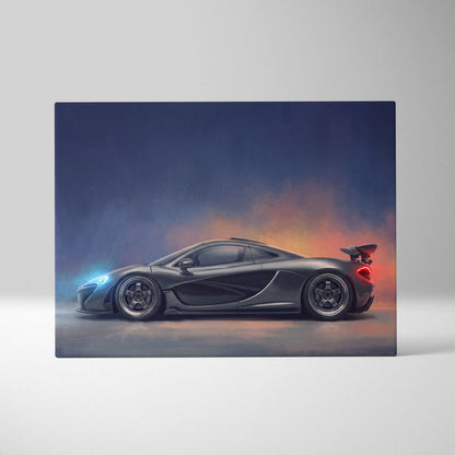 A sleek matte black McLaren P1 sports car illustration with glowing blue and red accents on a custom canvas art print