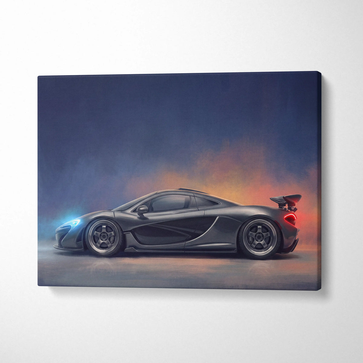 Black McLaren P1 inspired supercar canvas art print featuring a sleek sports car with glowing accents on twilight backdrop