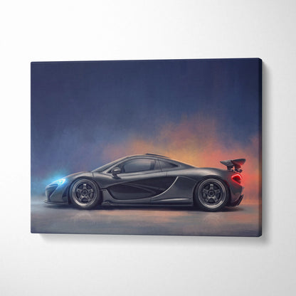Black McLaren P1 inspired supercar canvas art print featuring a sleek sports car with glowing accents on twilight backdrop