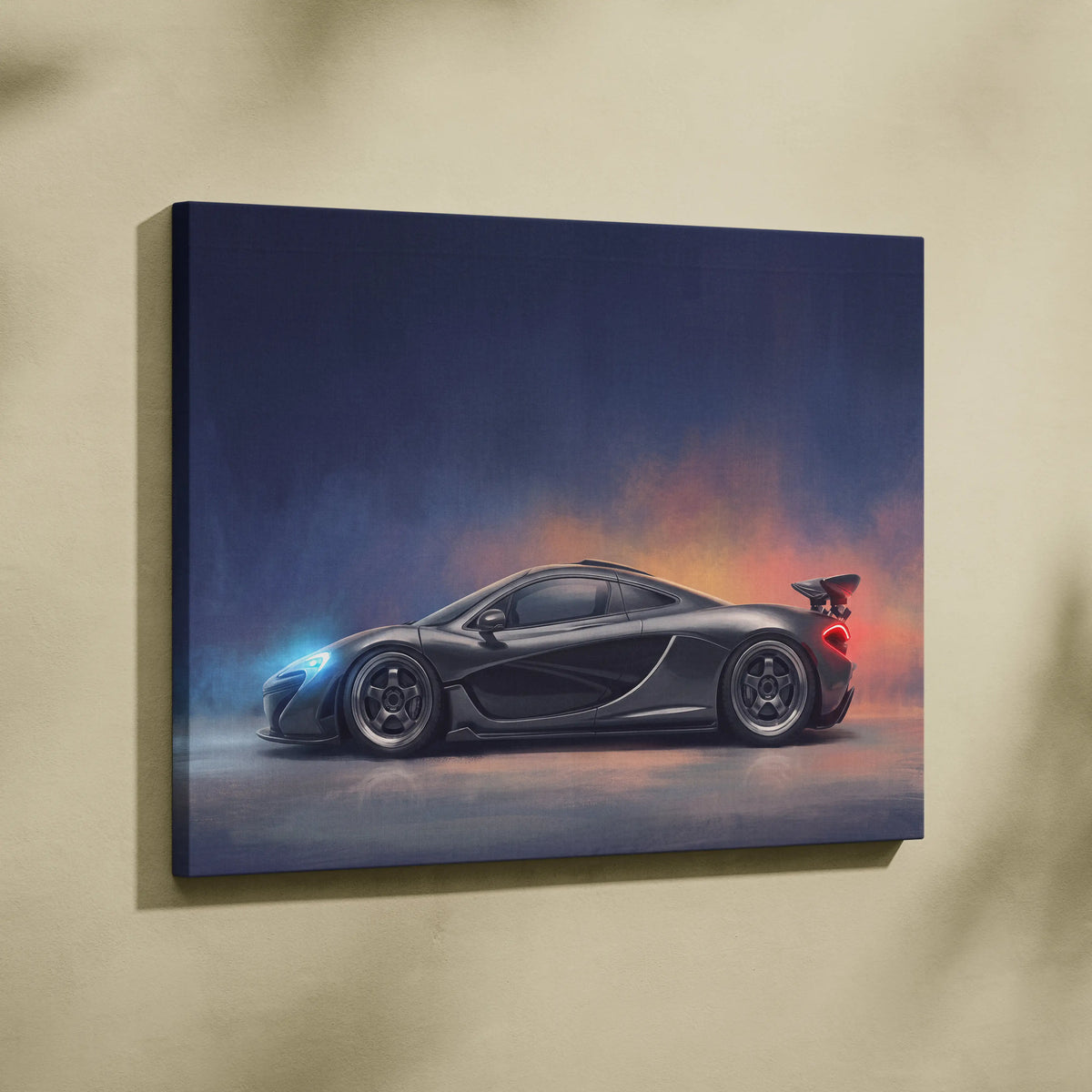 Black McLaren P1 inspired supercar canvas art print featuring sleek aerodynamic design with glowing accents at twilight