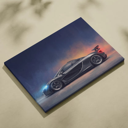 Black McLaren P1 inspired supercar canvas art print featuring sleek car with glowing blue and red accents at twilight