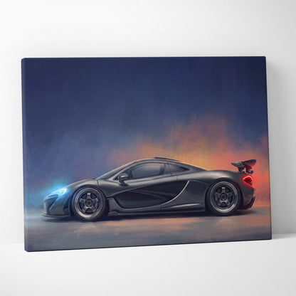 Black mclaren p1-inspired supercar canvas art print featuring a sleek car with glowing blue and red accents at twilight