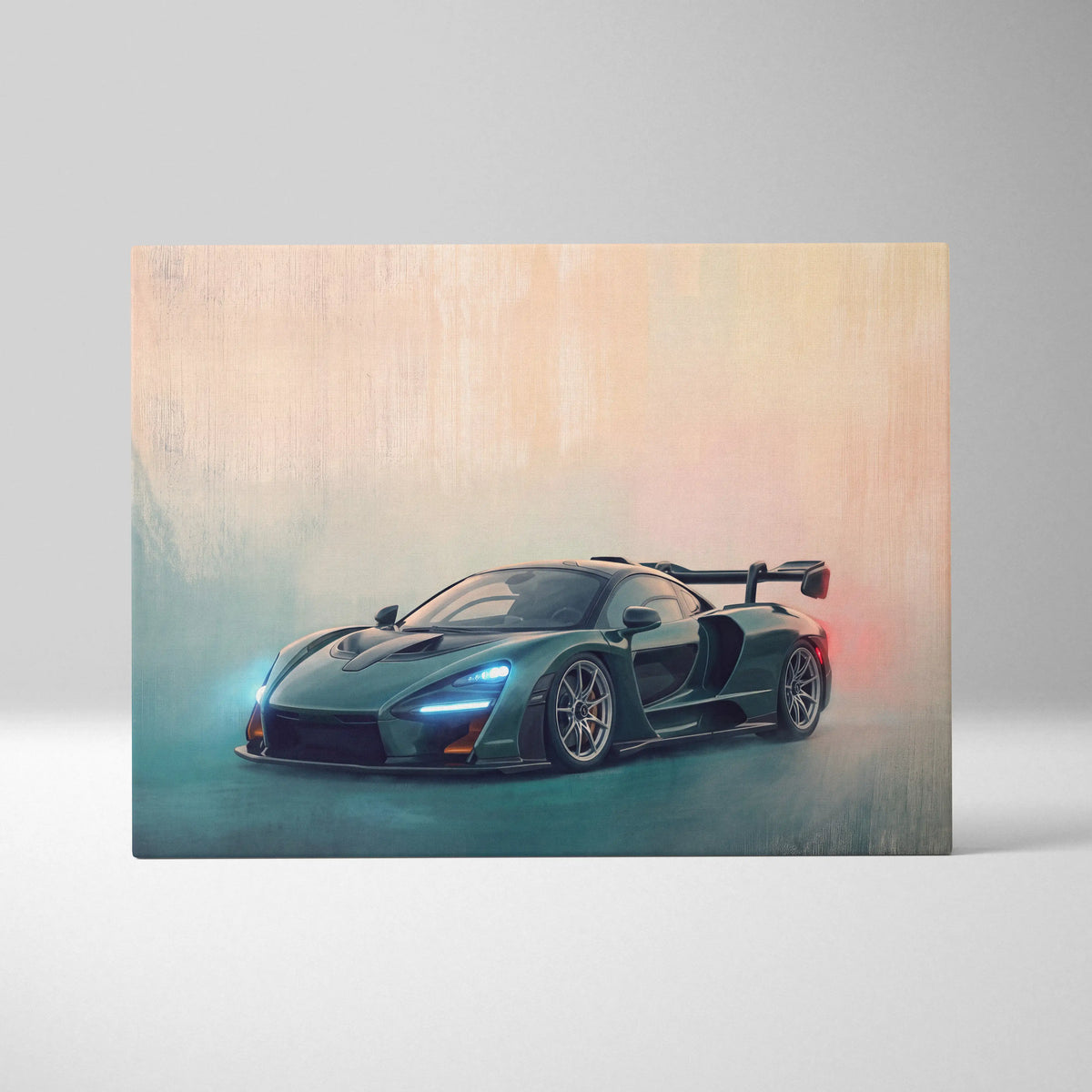 McLaren Senna inspired automotive wall art featuring a sleek dark green supercar with glowing blue headlights and red taillights