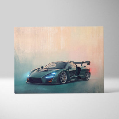 McLaren Senna inspired automotive wall art featuring a sleek dark green supercar with glowing blue headlights and red taillights