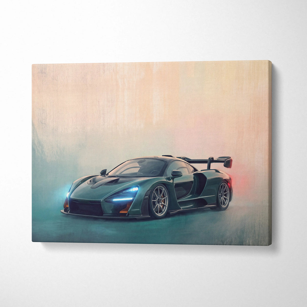 McLaren Senna inspired wall art featuring a sleek dark green sports car dynamic painting on canvas print