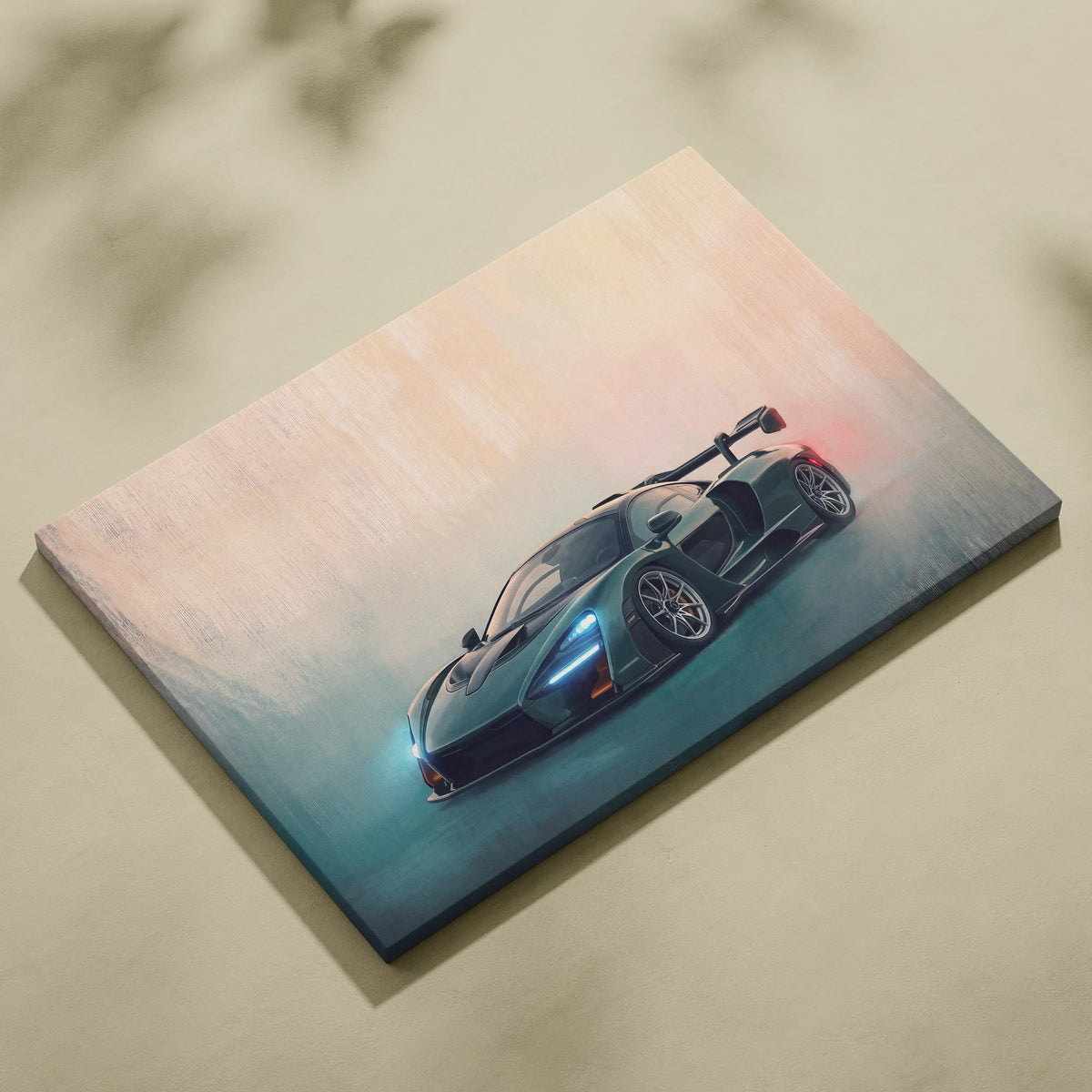 A sleek dark green koenigsegg hypercar with glowing blue and red accents on a rectangular luxury supercar canvas print