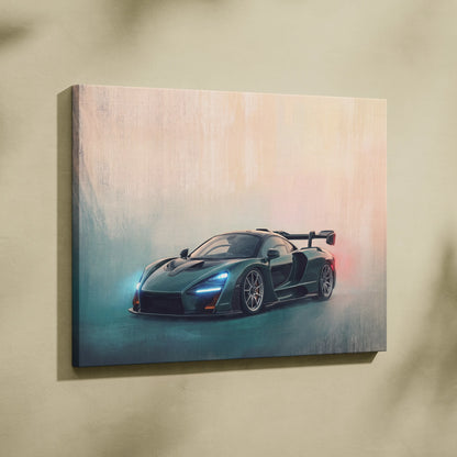 McLaren Senna inspired luxury supercar wall art featuring a sleek dark green sports car on canvas print
