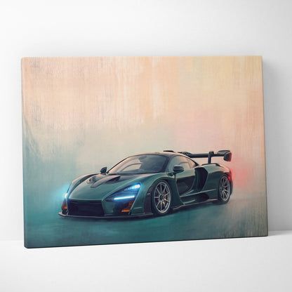 McLaren Senna inspired automotive wall art featuring a sleek dark green sports car with glowing blue headlights and red taillights