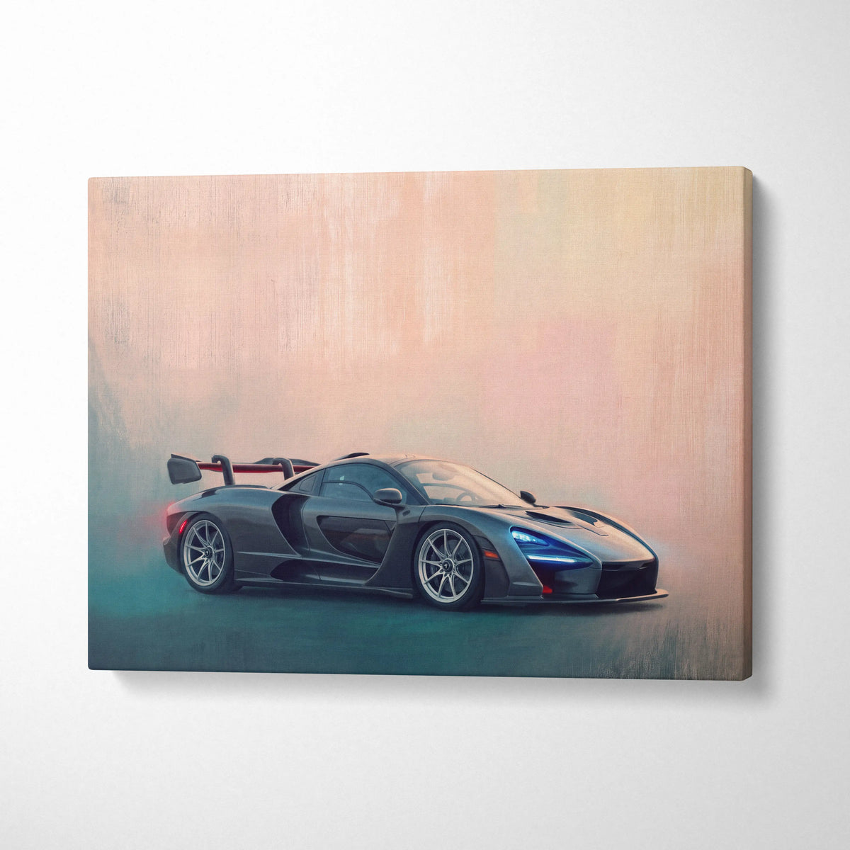 Black mclaren senna sports car in dynamic side profile on canvas for mclaren senna inspired car wall art track edition