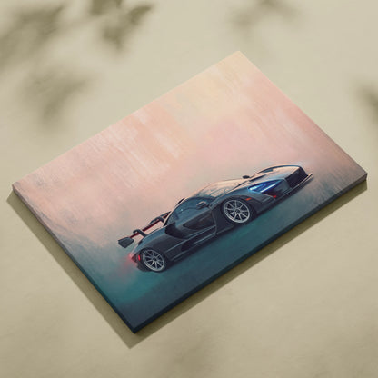 A sleek black McLaren Senna inspired sports car wall art with glossy finish and blue red accent lighting on canvas
