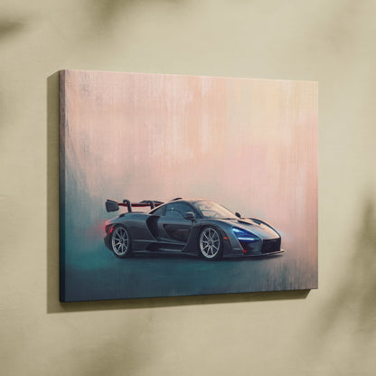 A sleek black McLaren Artura sports car featured in a modern canvas painting with subtle gradient background hues