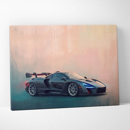 Black McLaren Senna inspired sports car canvas print with sleek aerodynamic design and glowing blue headlights