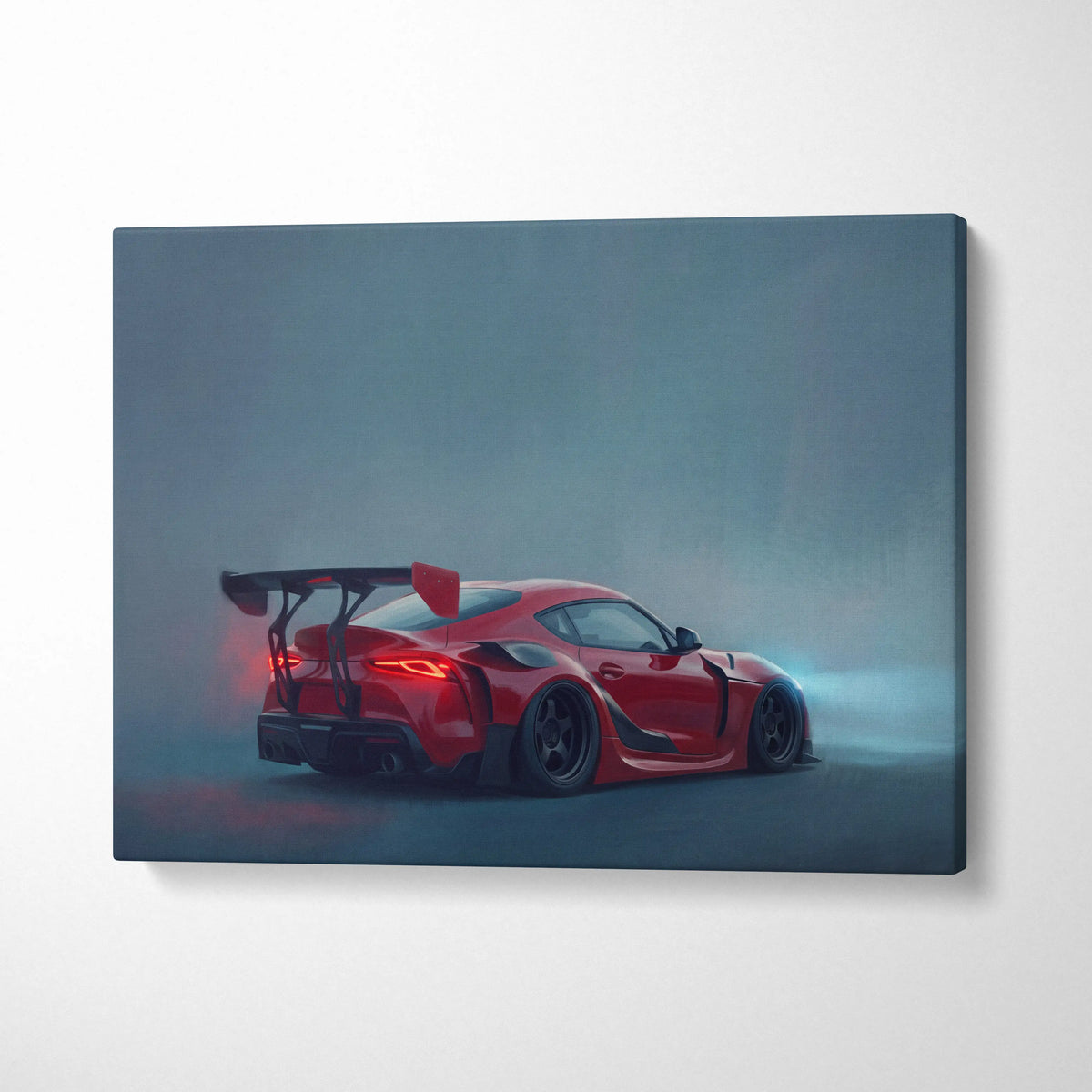 Red sports car canvas print inspired by toyota gr supra with black racing stripes for office decor