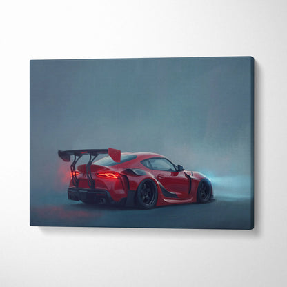 Red sports car canvas print inspired by toyota gr supra with black racing stripes for office decor
