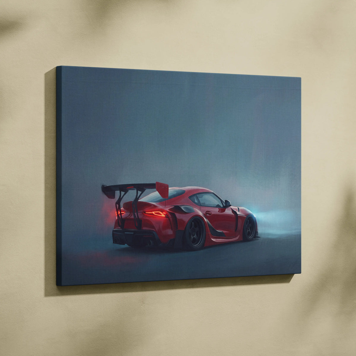 Red sports car with rear spoiler and glowing taillights on stretched canvas toyota gr supra inspired racing tuner art