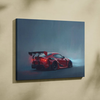 Red sports car with rear spoiler and glowing taillights on stretched canvas toyota gr supra inspired racing tuner art
