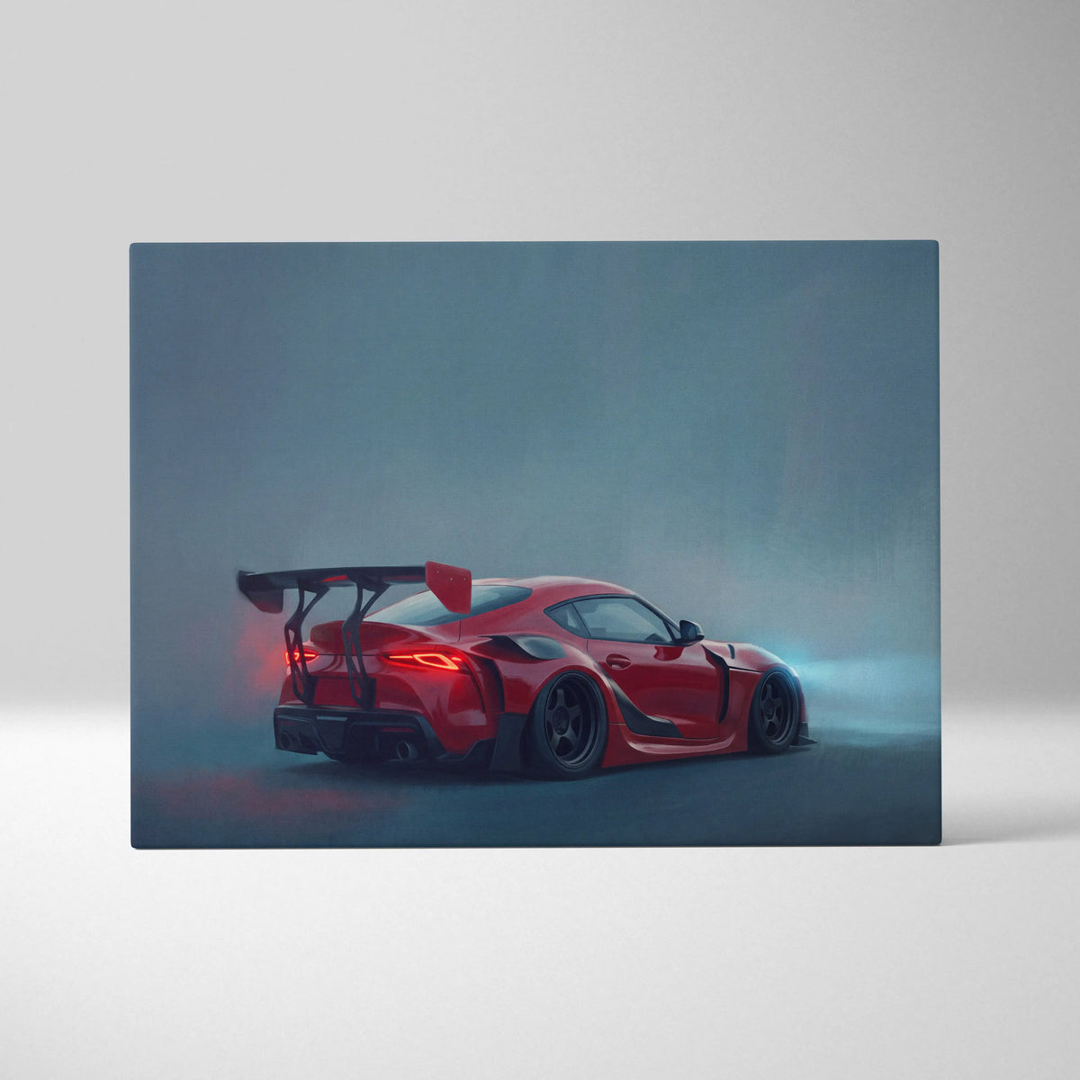Red sports car with rear spoiler and glowing taillights on canvas in toyota gr supra inspired racing tuner wall art
