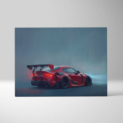 Red sports car with rear spoiler and glowing taillights on canvas in toyota gr supra inspired racing tuner wall art