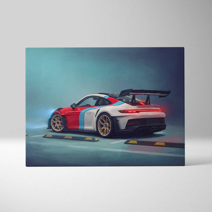 A vibrant red white and blue porsche 911 gt3 rs with gold rims and rear spoiler on a custom car wall art canvas print