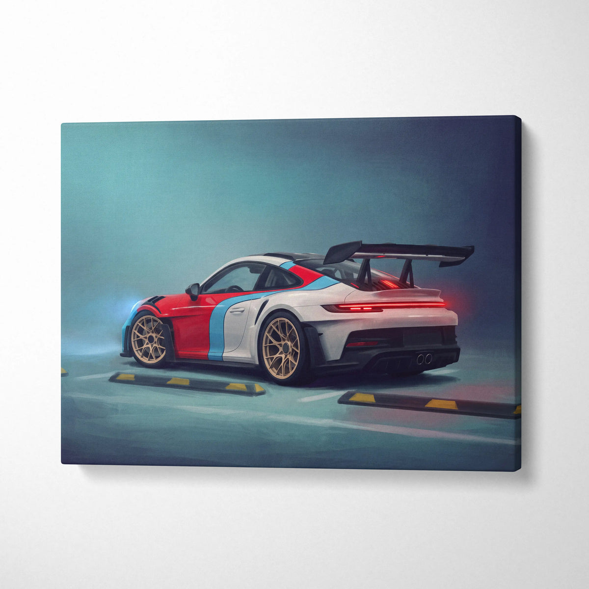 Porsche 911 gt3 rs inspired supercar canvas art print featuring a vibrant red white and blue race car with gold rims and spoiler